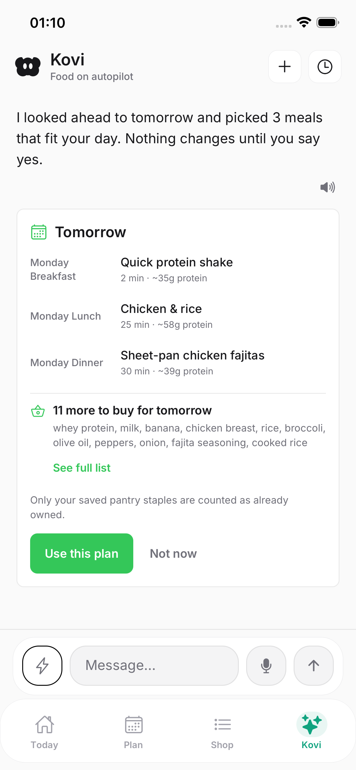 Kovi assistant proposing tomorrow’s breakfast, lunch and dinner with estimated protein and cooking times