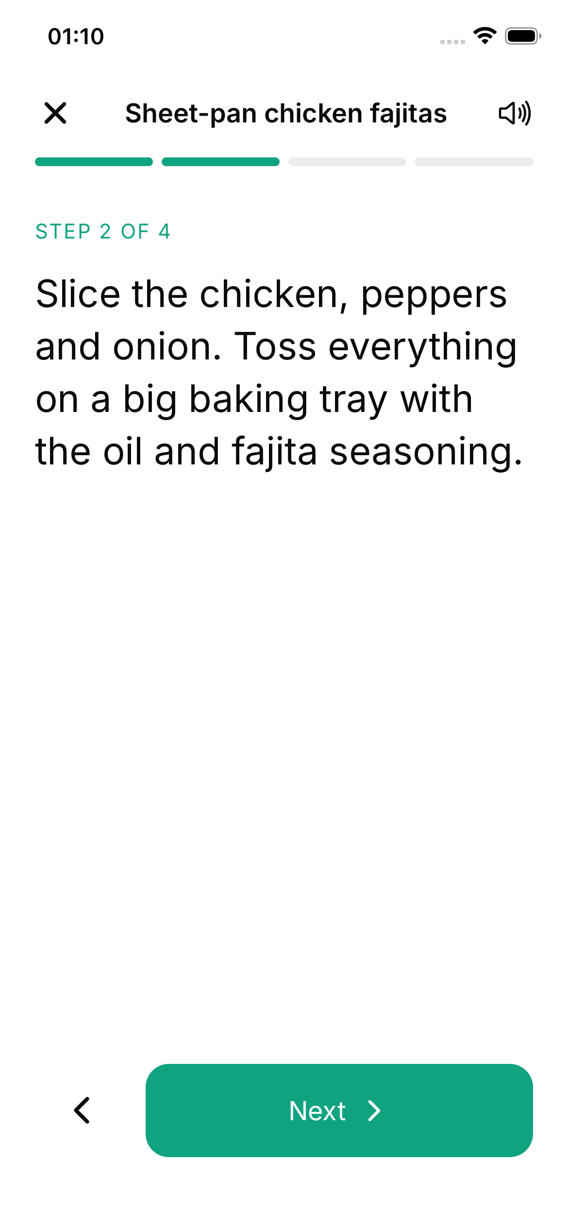 Kovi guided cooking mode showing step two of chicken fajitas, with one instruction and a next-step button