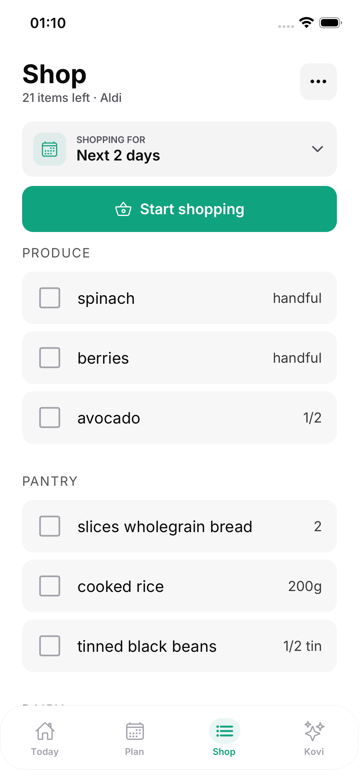Kovi Shop screen with a shopping list grouped into produce and pantry for the next two days